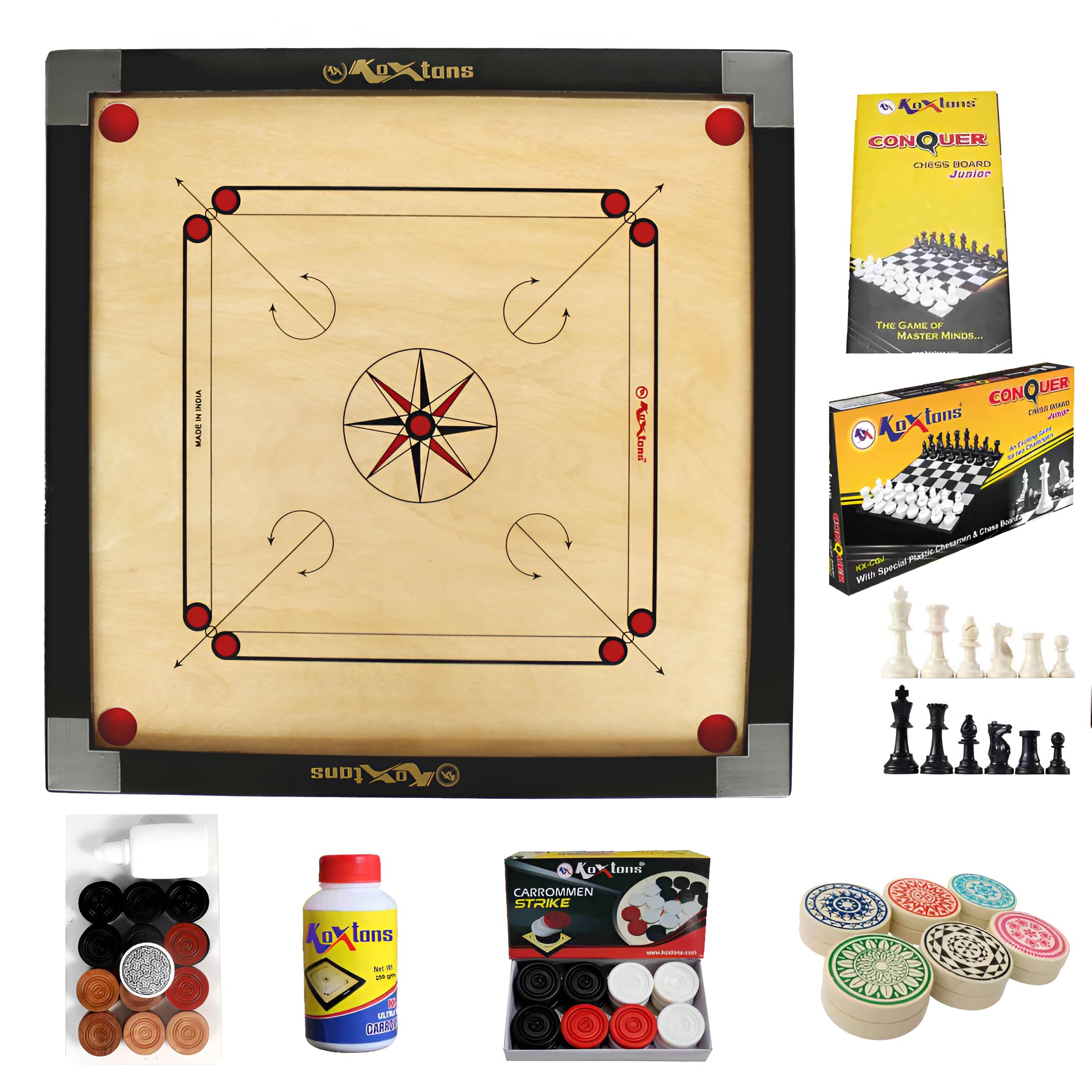 KOXTONS - Carrom Board 32 INCH Full Size with 1.5" Border & 3 mm Ply (Economy) with STRICKER & Accessories and Vista 14 INCH Chess Conquer Gift Set