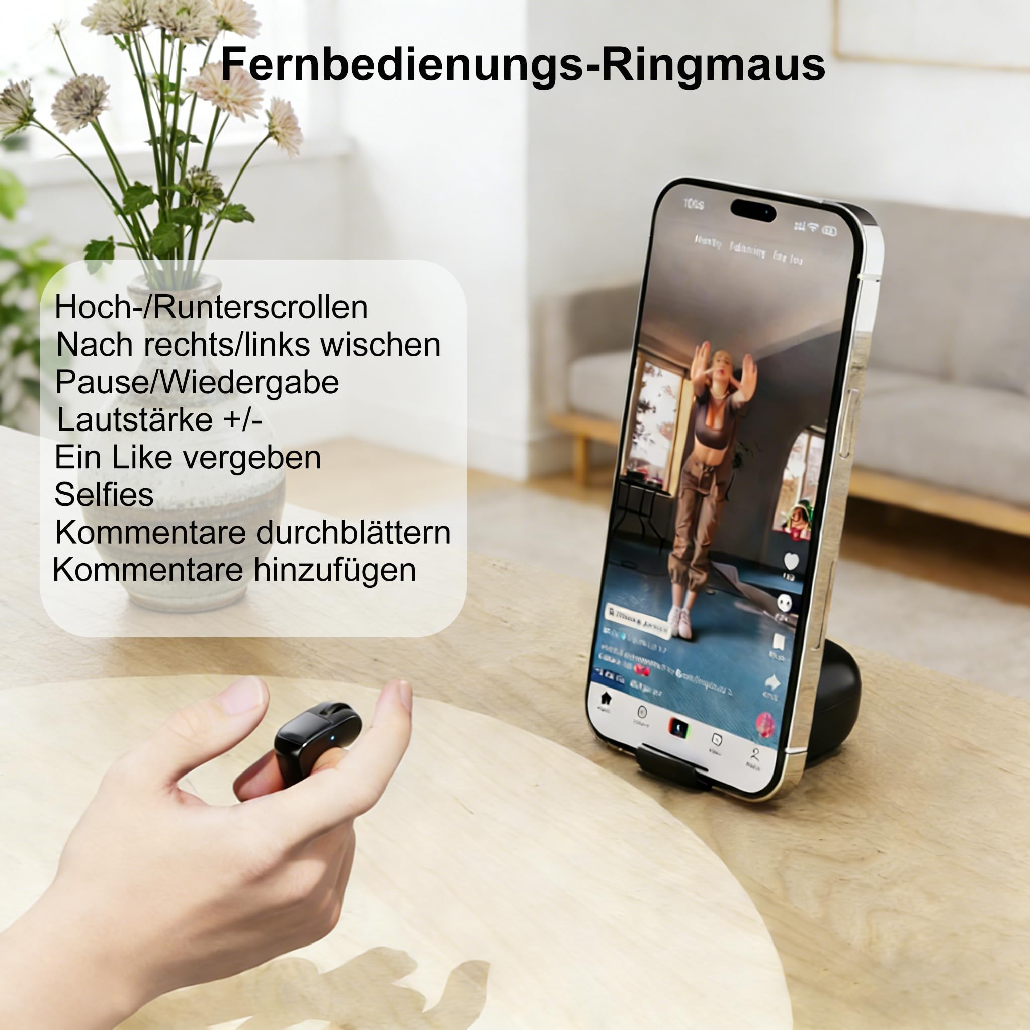 Tiktok Scrolling Ring Fingermaus mit Touchpad, Mini Bluetooth Wiederaufladbare Tragbare Maus mit Ladehülle, Fernbedienung für Kamera/Video/Kindle App/PPT, für PC Laptop Smartphone Tablet (Schwarz)