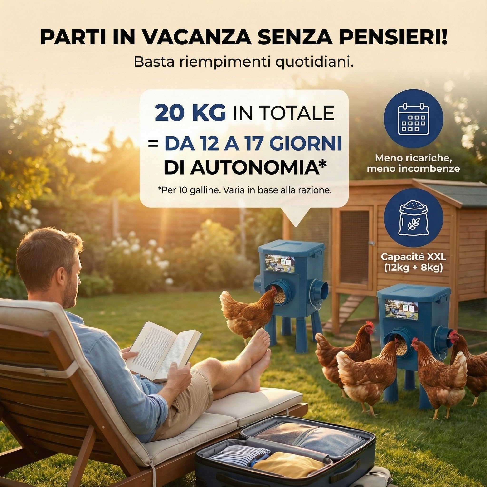 Mangiatoia per Galline 12 kg, 8 kg – Kit 2 Pezzi, Anti-spreco, 5 Porte anti-parassiti, Multi-recinti, Coperchio antipioggia, Ideale per Micro-fattorie e Allevatori amatoriali, Materiali Resistenti