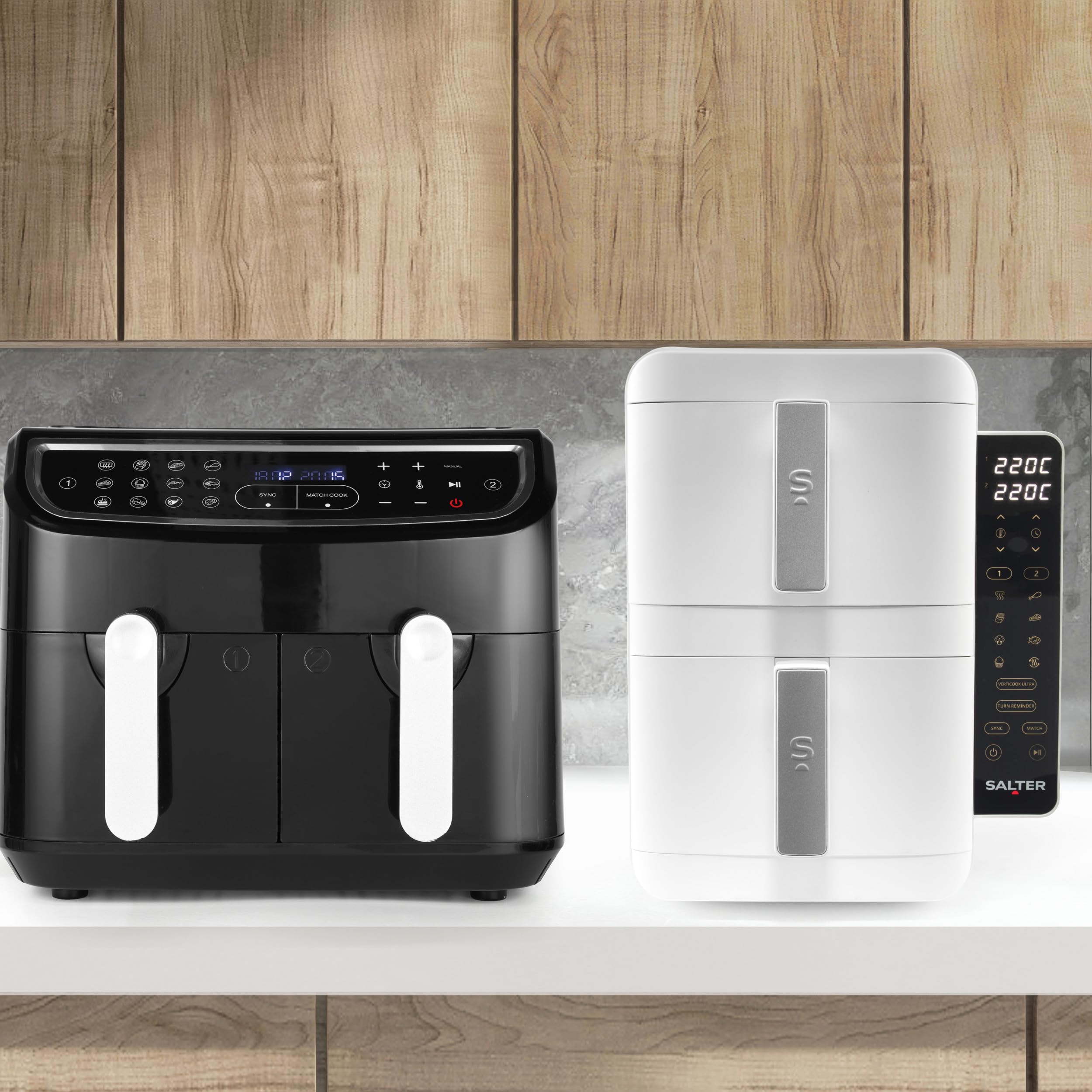 Salter VertiCook Ultra Stackable Air Fryer - Cocina vertical, 9L, 2 x 4.5L cestas y rejillas, 9 funciones, Sincronizar y combinar, Bandeja de parrilla libre de PFAS, Ahorro de espacio, 60-230°C, 2400W