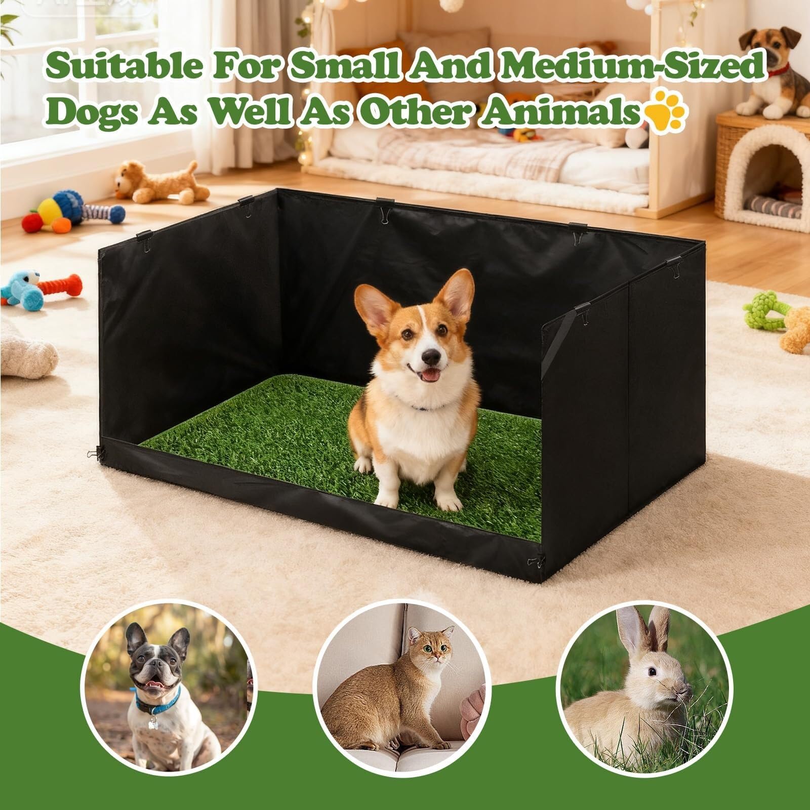 High Walls - Vasino per cani con erba artificiale, pieghevole, per interni, 40 x 60 x 90 cm, con fodera impermeabile, per cuccioli di piccola e media taglia (nero, 80 x 60 x 40 cm)