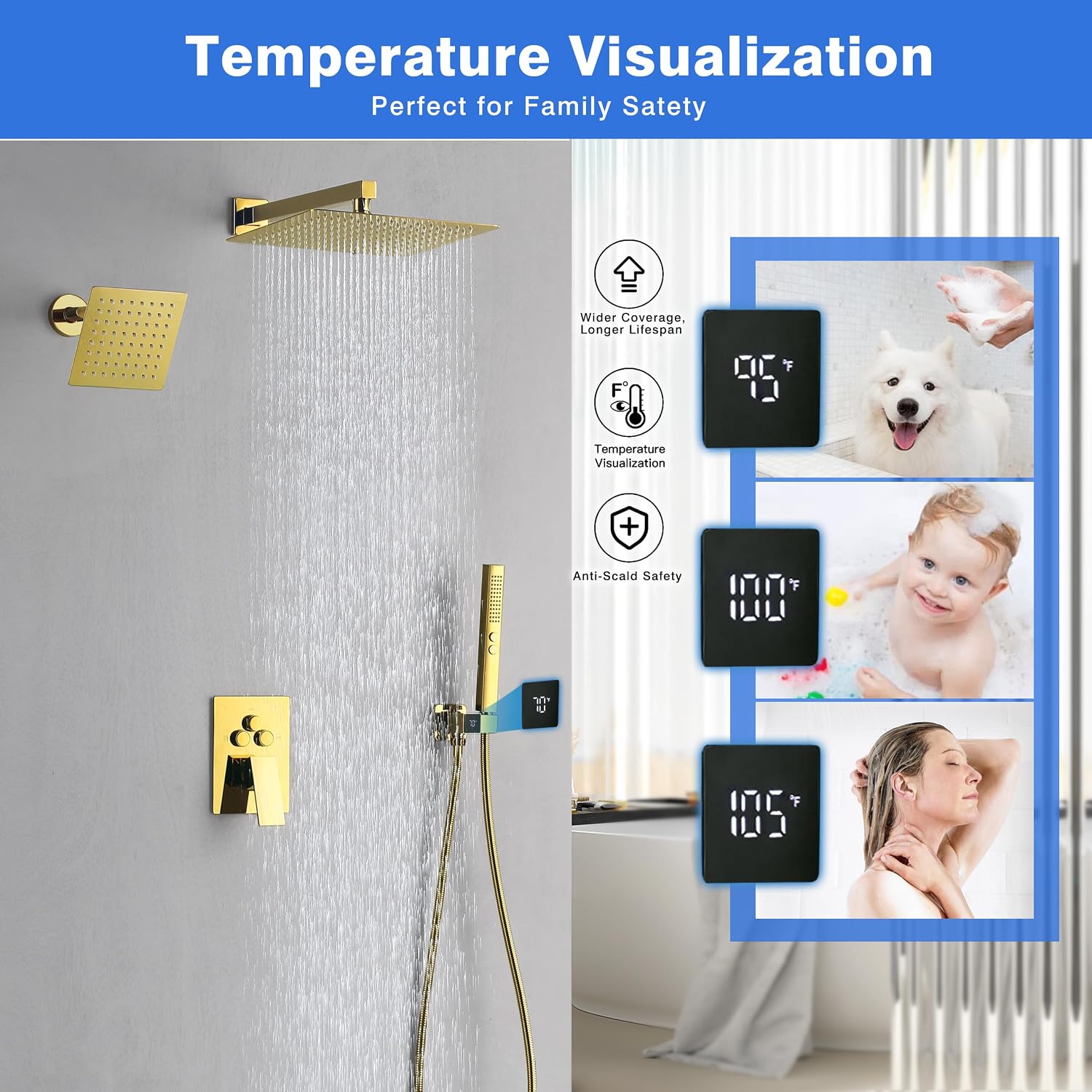 Luxury Digital Temperature Display Wall Mount Shower System, Push Button Diverter with Pressure Balance Valve, 12” & 6” Dual Rainfall Shower Heads, Metal Handheld Shower Combo Set, Polished Gold image 3