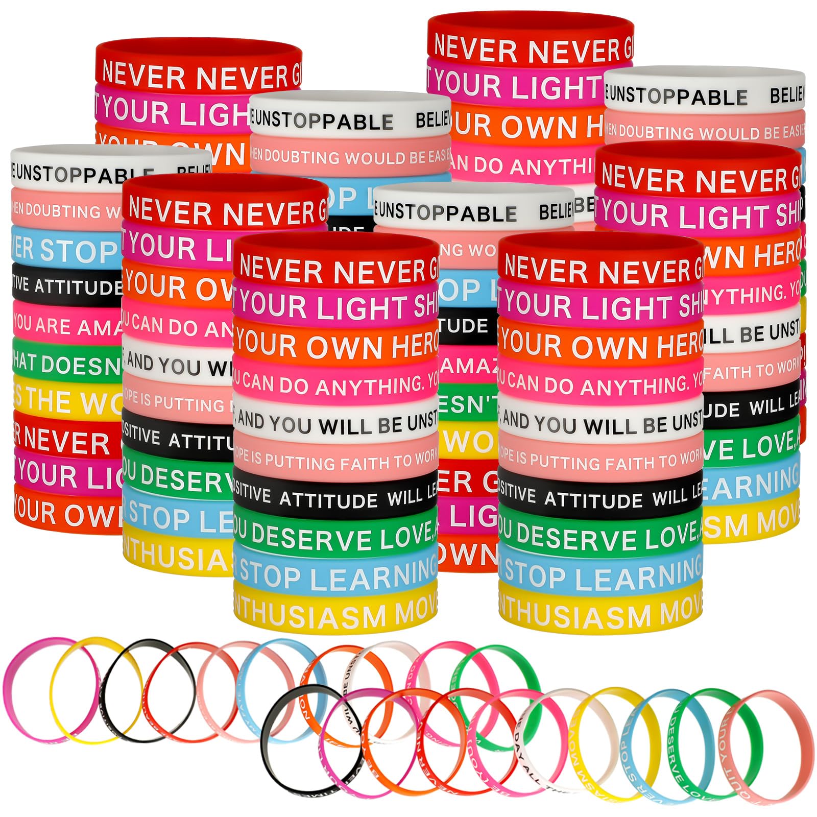 Sinmoe 200 Pcs Motivational Quote Rubber Wristbands Bulk Christmas Appreciation Gifts Colored Inspirational Stretch Unisex Silicone Bracelets for