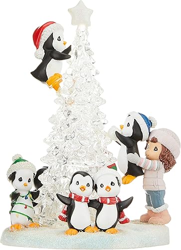 Precious Moments Figura iluminada  Árbol de niña divertida con pingüinos  Figura de árbol de Navidad de mesa de resina iluminadaacrílico  Decoración