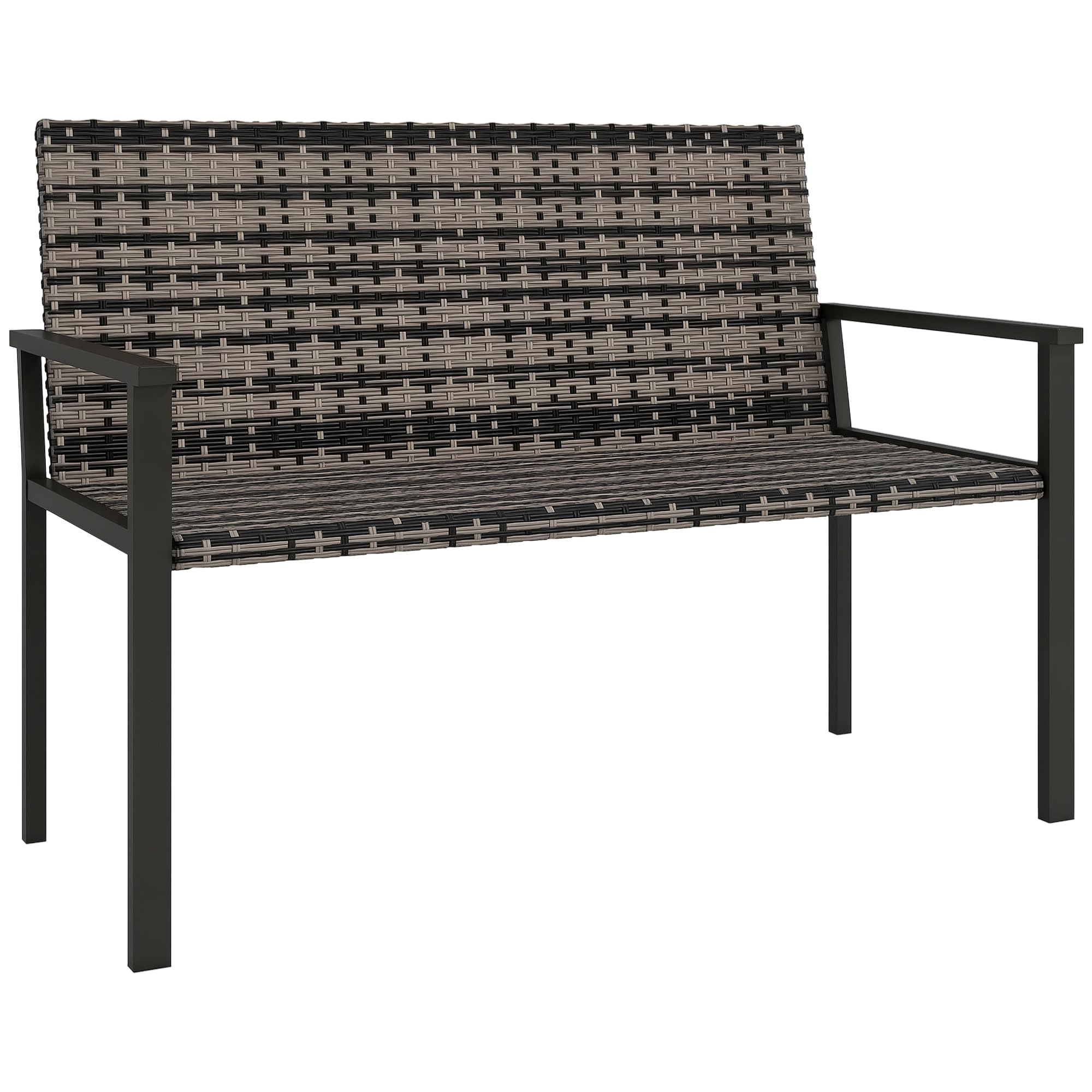 Outsunny 2 Seater Rattan Garden Bench & Quick-Drying Padding, Mixed Grey | Outdoor Bench, Wicker Garden Loveseat, Armrests, Steel Frame, Patio, Park