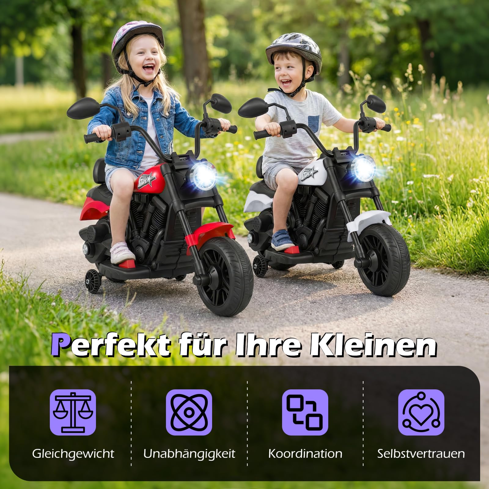 COSTWAY 6 V Kinder Motorrad Elektro, Kindermotorrad mit Scheinwerfer, Rückspiegel & 2 Stützrädern, Elektromotorrad mit Musik & Licht, 2,4 km/h, Elektrofahrzeug für Kinder ab 18 Monaten (Weiß)