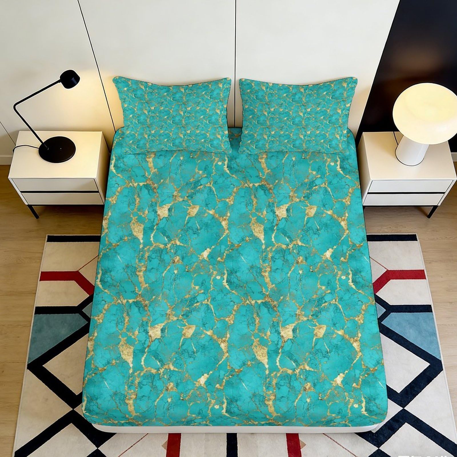 3D Printed Turquoise Marble Fitted Sheet Microfiber Soft Breathable Gold Vein Bed Cover for Bedroom Dormitory Guest Room Mattress Protection Decor 160x200x25cm