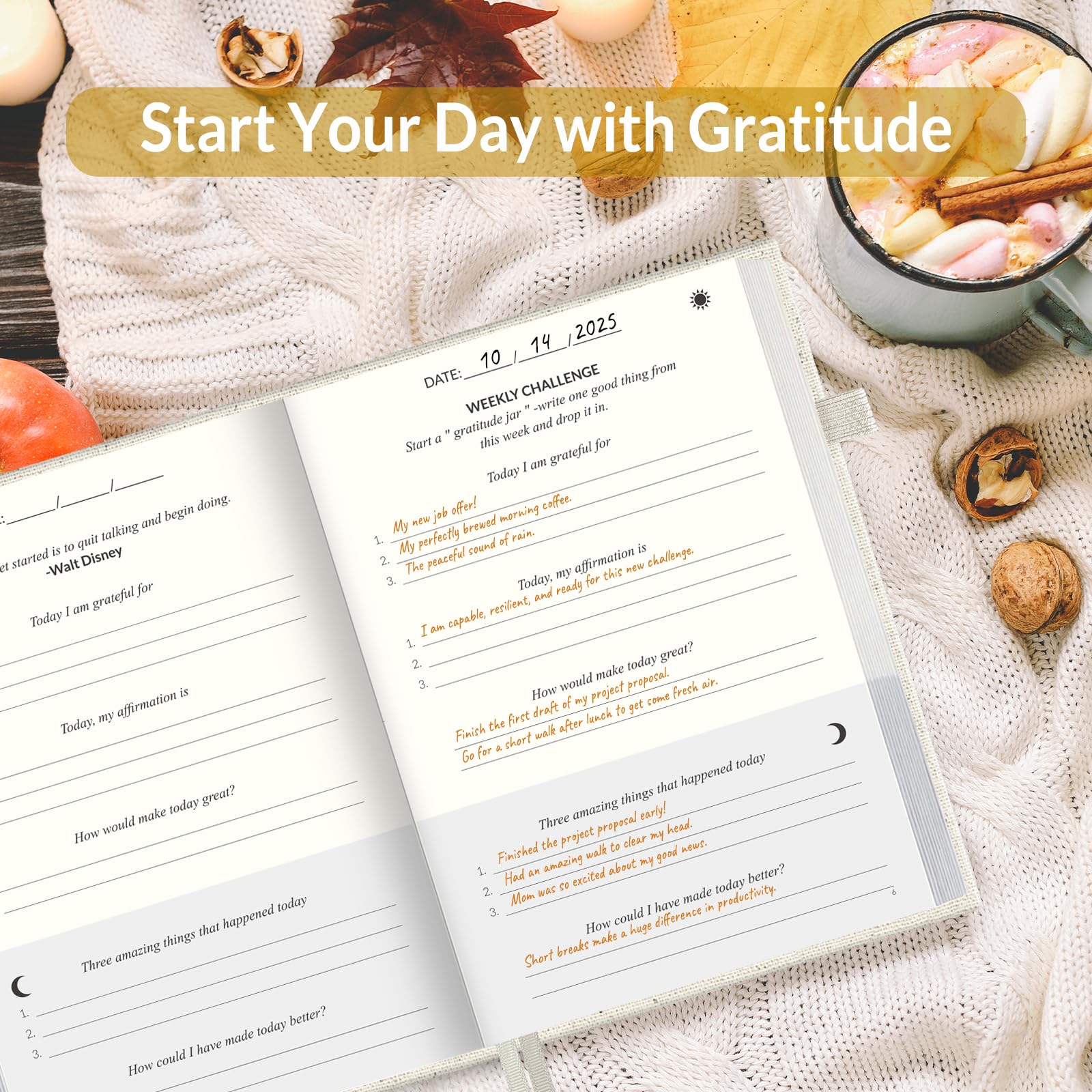 SUNEE Diario giornaliero della gratitudine, semplice diario di 5 minuti per la riflessione quotidiana, costruire positività e consapevolezza, planner minimalista senza data per donne e uomini (beige)