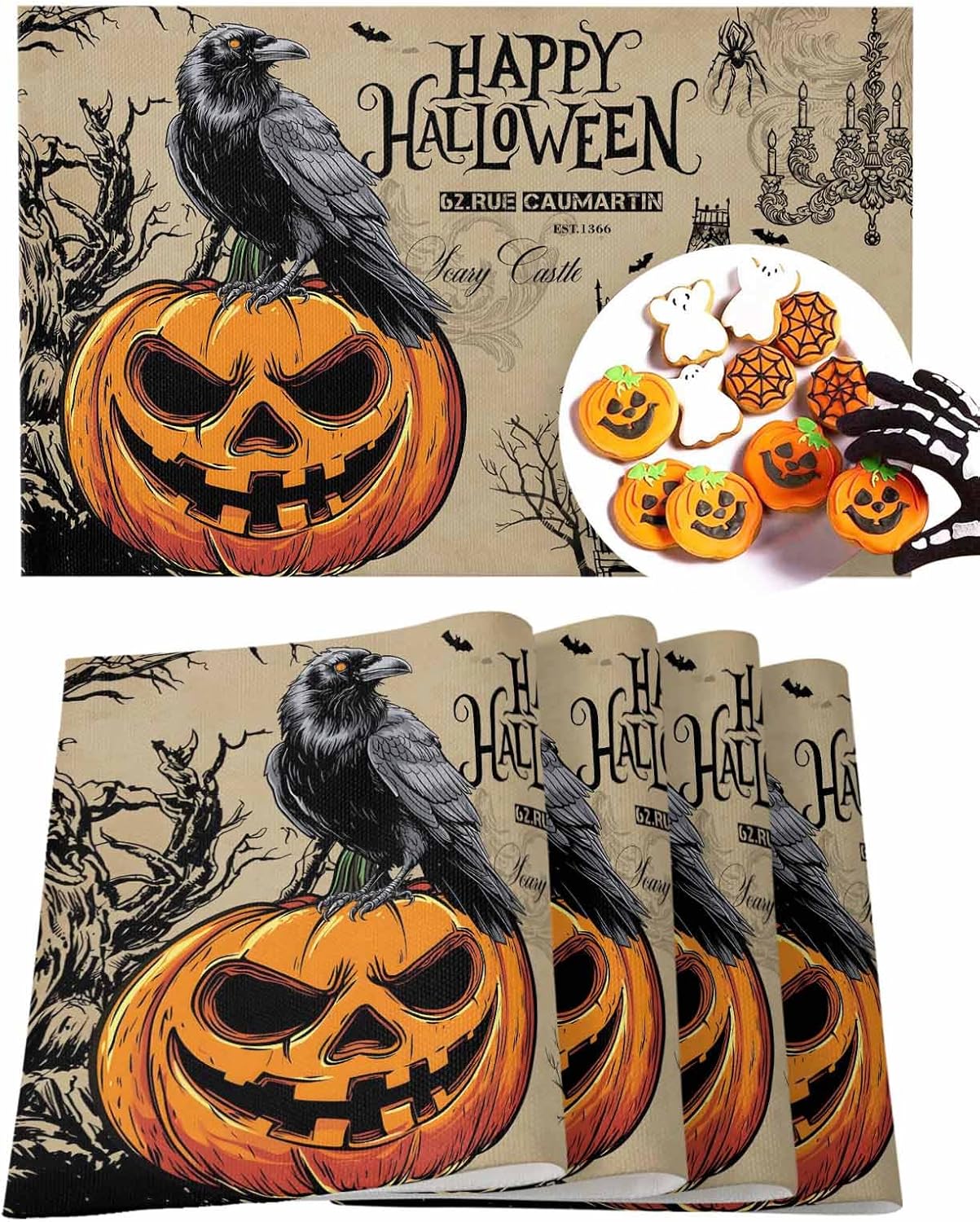 Halloween Placemat Pumpkin Crow Place Mats for Dining Room Vintage Haunted House Tree Holiday Washable Table Mats for Kitchen Dining Decor Anniversary Set of 12