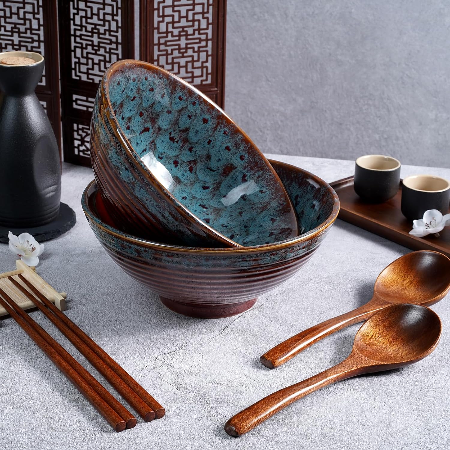 NUTRIUPS 8 Inch Ceramic Ramen Bowl Set of 2 Pho Bowls Japanese Noodle Udon Soup Bowls with Spoons and Chopsticks (Peacock Tail) - Image 6