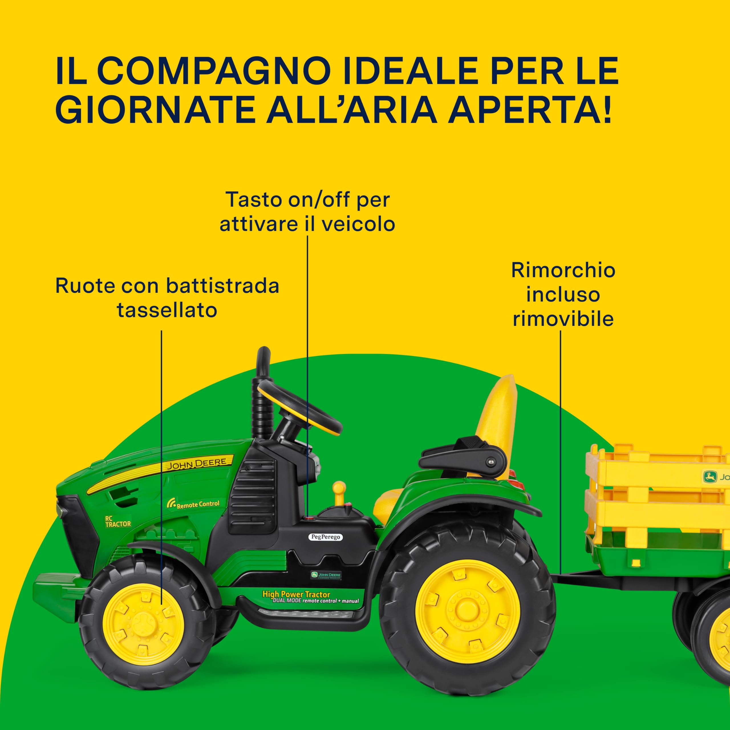 PEG John Deere RC Tractor - Trattore Elettrico Cavalcabile e Telecomandato per Bambini, 12V, con Rimorchio, Telecomando, 2 Ruote Motrici, Radio FM, da 1 Anno