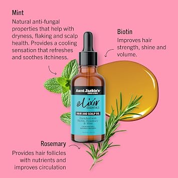 Aunt Jackie's Elixir Essentials Hair & Scalp Oil Enriched with Biotin, Rosemary & Mint, Nourishes, Thickens & Supports Hair Growth, 2 oz