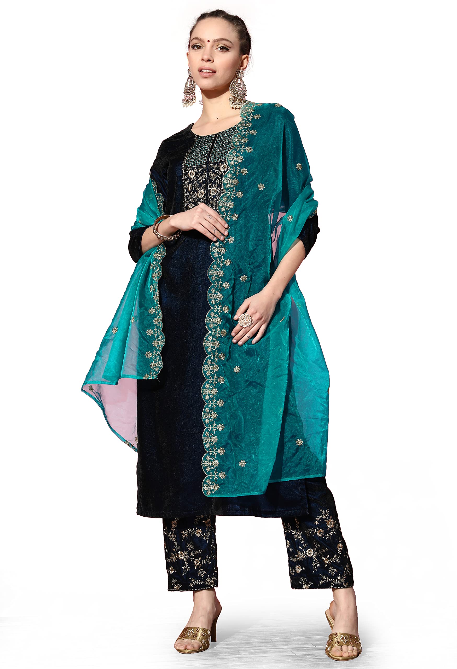 Kurta Suit Set For Women - Velvet Zari Sequence Embroidered Straight Kurta Pant Set with Organza Dupatta, Salwar Suit Set with Worked Dupatta for Women