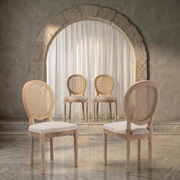 OVENTA Vintage French Country Dining Chairs Set of 4, Rattan Dining Chairs with Solid Wood Legs, Beige Upholstered Chair, Sillas para Comedor, for Dining Room, Kitchen