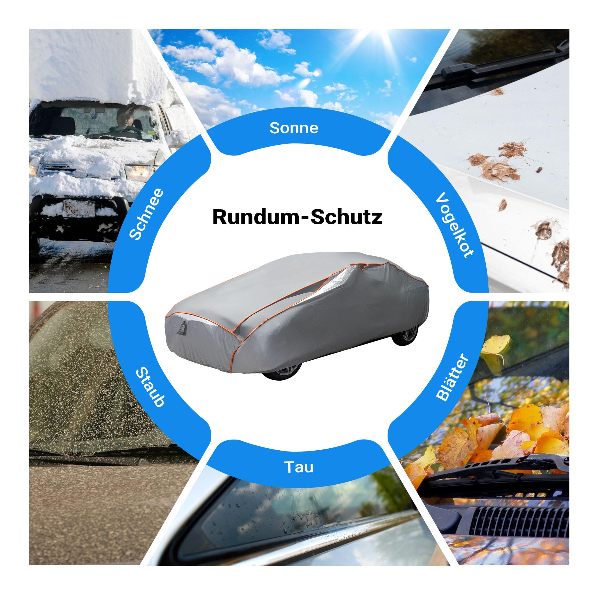 XPOtool Vollgarage für Auto Größe L 482x178x119cm Schutz vor Hagel, wasserdicht, lackschonend, Autoabdeckung mit Luftschlitzen, Reflektoren, Spanngurten