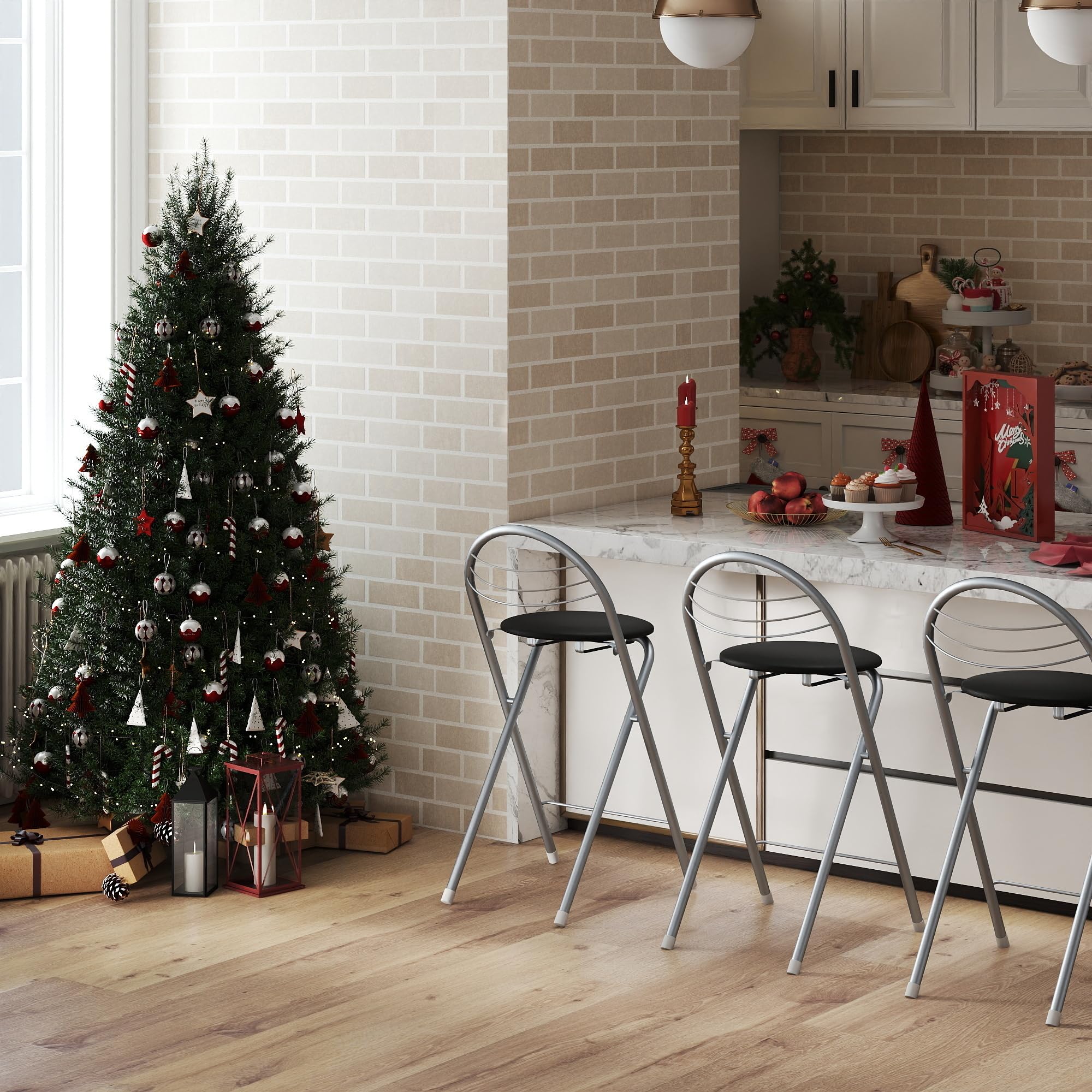 Tabouret Bar Pliant avec Rembourrage, Chaise Cuisine avec Dossier, Hauteur Assise 61 cm, Aucun Assemblage requis, Tabouret Pliant Portable, pour Cuisine, Salon, Salle à Manger, Noir et Argent