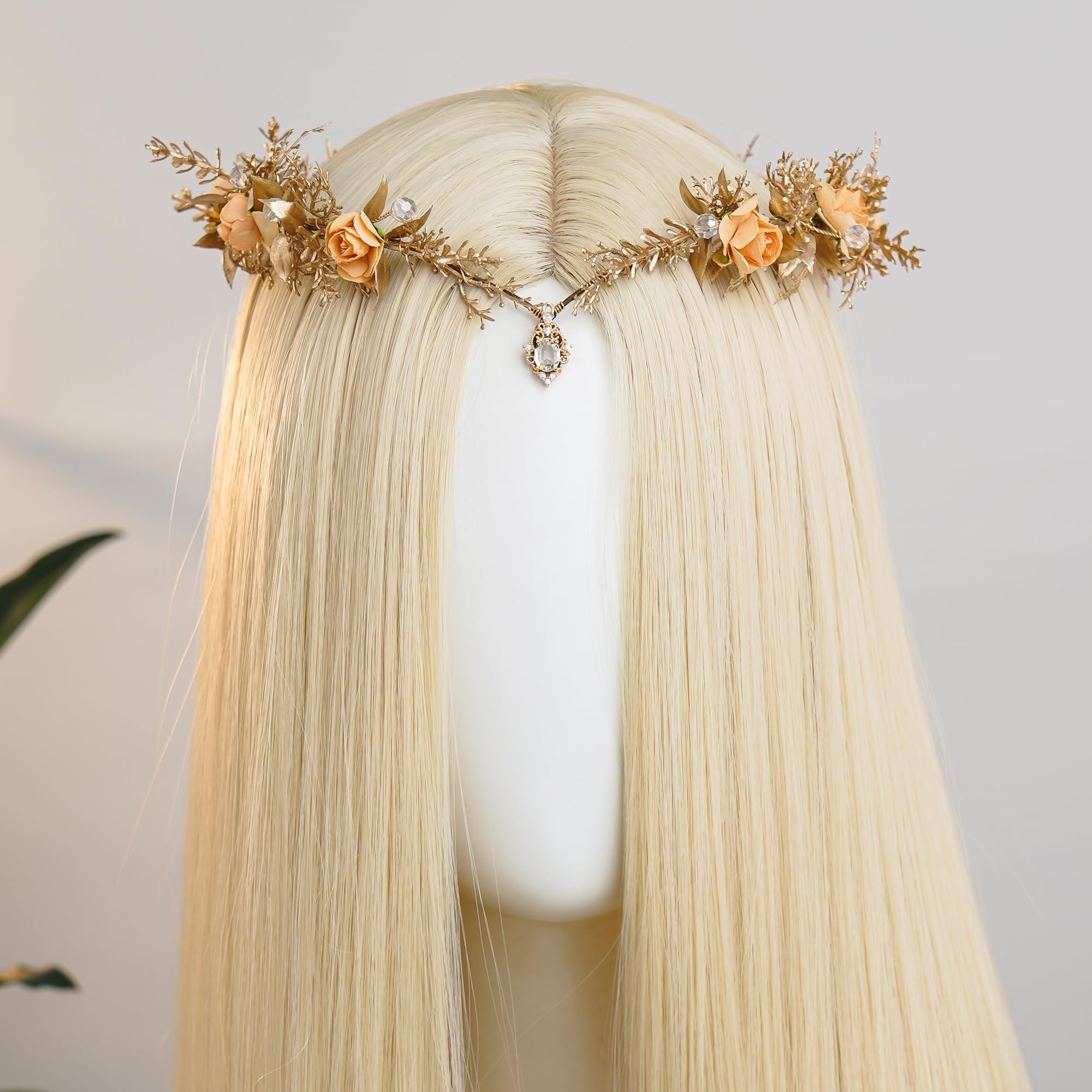 MOSTORY Gold Fairy Flower Crown for Women Floral Elf Crown Forest Leaf Headpiece for Renaissance Party Cosplay Photo Shoot - Image 2