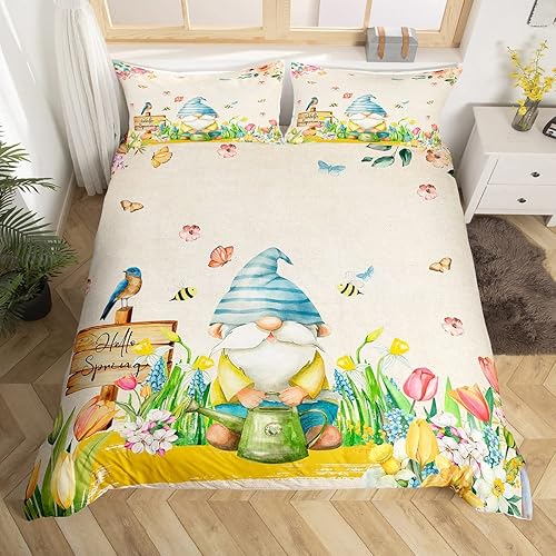 Funda de edredón de gnomo de primavera tamaño Queen, funda de edredón floral de primavera para niñas, juegos de ropa de cama de abeja mariposa para