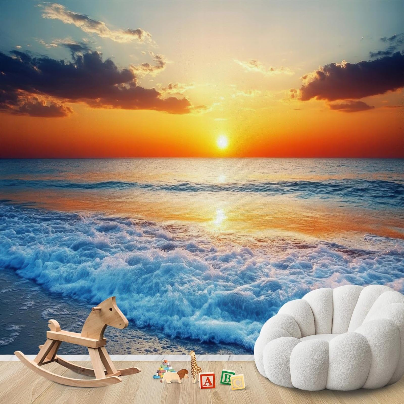 hgjdjhnf Photo Wallpaper Sunset Sea Waves Beach Wallpaper Non-Woven ModernLiving Room Bedroom Children's RoomDecoration Motif Wallpaper,250cmx175cmSticker - Background- Painting - Poste