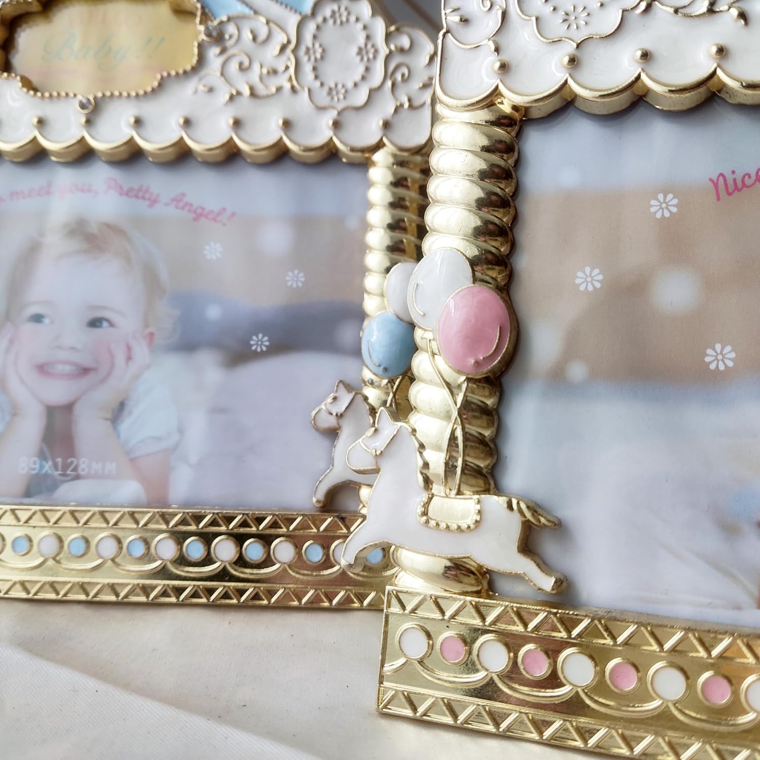 Carousel Horse Theme Picture Frame, Gold Metal Design with Crown Top, 3.5 * 5in, Table Display,Nursery Baby Decor (PINK)