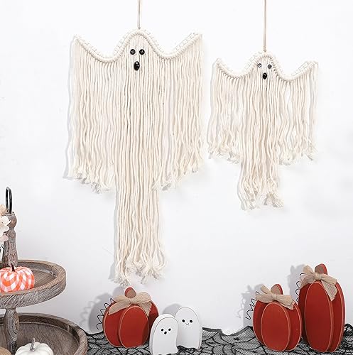 Decoración de pared de fantasma de macramé de Halloween, juego de 2 fantasmas colgantes de pared, decoraciones de fantasmas bohemias de Halloween,