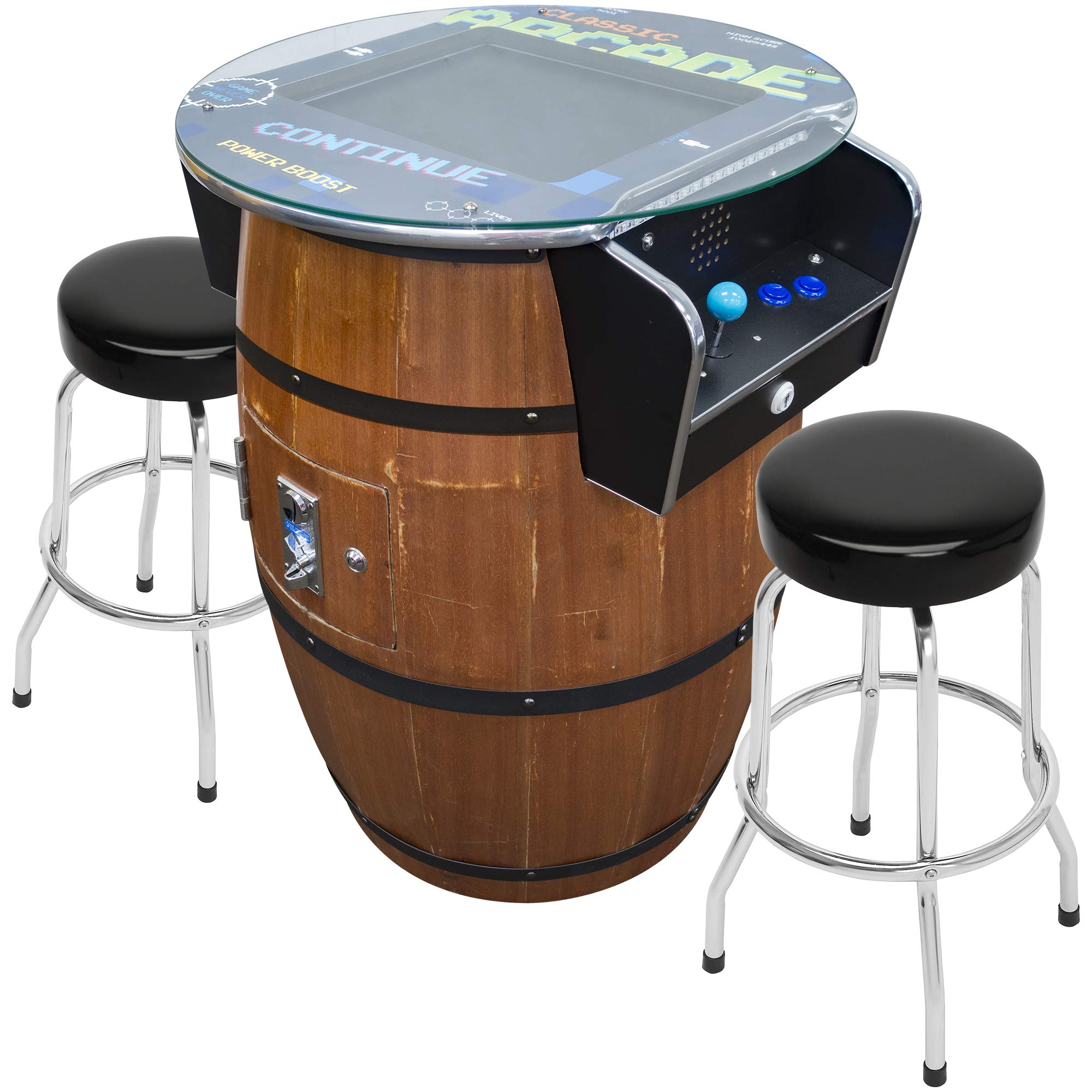 Creative Arcades Full-Size Commercial Grade Wine Barrel Style Pub Arcade Machine | Standard/Medium/Large | Classic Games | 2 Sanwa Joysticks | 2 Stools (Large, 60 Game, 19" Screen, Woodgrain)