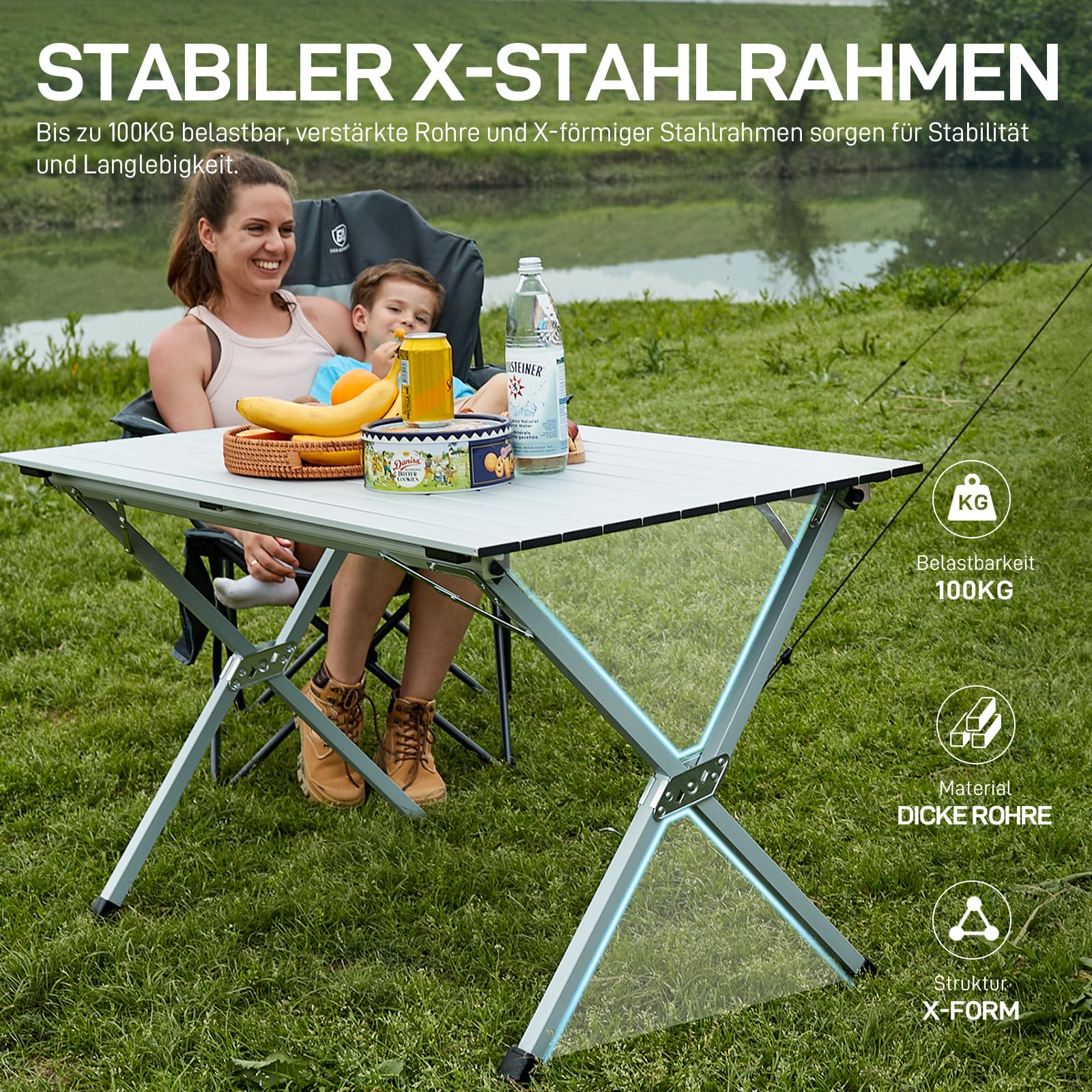 EVER ADVANCED Campingtisch Klappbar Aluminium 120X70CM Klapptisch 100KG Belastbar Aufrollbarer Tischplatte für 4-6 Personen, Falttisch mit Tragetasche für Camping Picknick Garten Balkon, Silber Garten