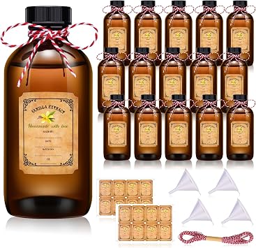 16 Pack Amber Glass Vanilla Extract Bottles for Homemade 8 Ounces, Brown Boston Round Bottles with Caps and Stickers, Perfect for Vanilla Extract Jars, Syrup Bean Sauce Essential Oils