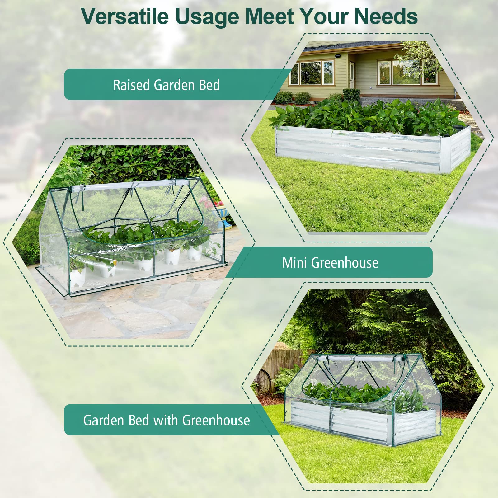 GOPLUS Jardinera elevada de Acero galvanizado con Cubierta de Mini Invernadero, Conjunto de Caja de Plantas al Aire Libre de Metal con Grandes Ventanas de Malla de Alambre