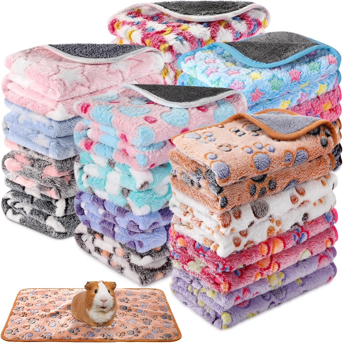 20 Pcs Waterproof Small Pet Fleece Blanket Bulk Washable Small Animal Cage Bedding Guinea Pig Puppy Dog Cat Pee Pad Liner Accessories(Assorted,18 x 13 Inch)