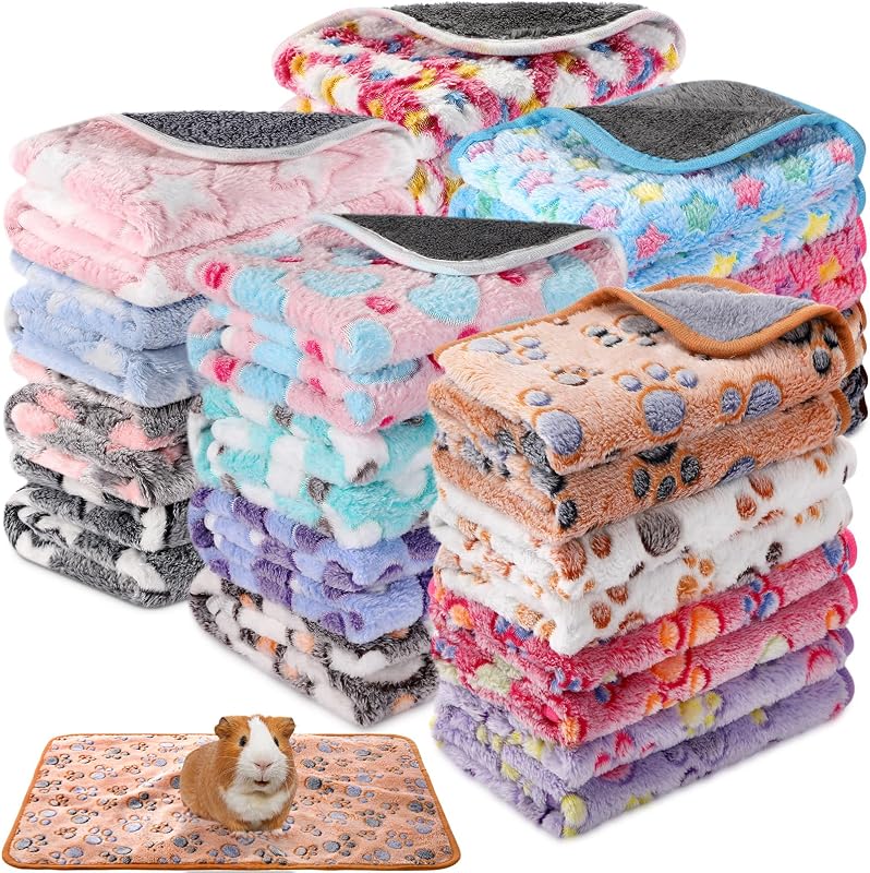 Newwiee 20 Pcs Waterproof Small Pet Fleece Blanket Bulk Washable Small Animal Cage Bedding Guinea Pig Puppy Dog Cat Pee Pad Liner Accessories(Assorted,12 x 12 Inch)