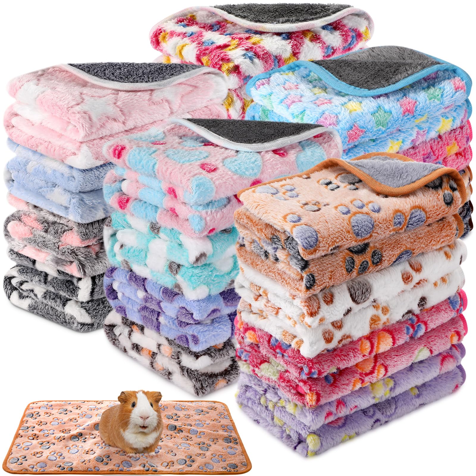 Newwiee 20 Pcs Waterproof Small Pet Fleece Blanket Bulk Washable Small Animal Cage Bedding Guinea Pig Puppy Dog Cat Pee Pad Liner Accessories(Assorted