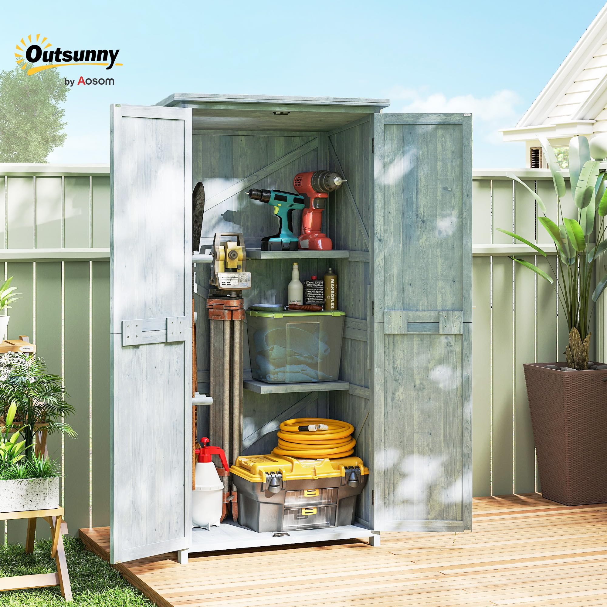 Outsunny Armadio da Giardino in Legno di Abete con Kit Antiribaltamento, Casetta Porta Attrezzi da Esterno con 2 Ante Bloccabili, 2 Ripiani, 10 Ganci, Tetto Inclinato Asfalto, 85x54x170 cm, Grigio