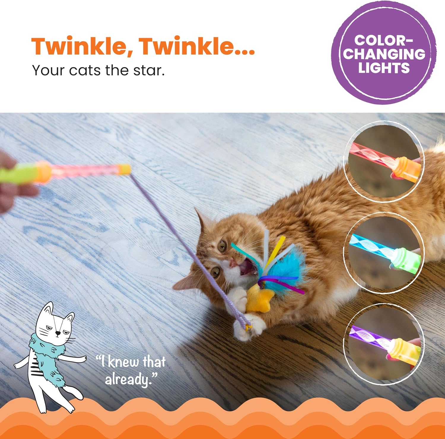Catstages Twinkle Star Light Up Cat Wand Toy with LED Color-Changing Lights, Feathers & Ribbon Plush Star Attachment, Interactive Flirt Pole for Indoor Cats & Kittens image 2
