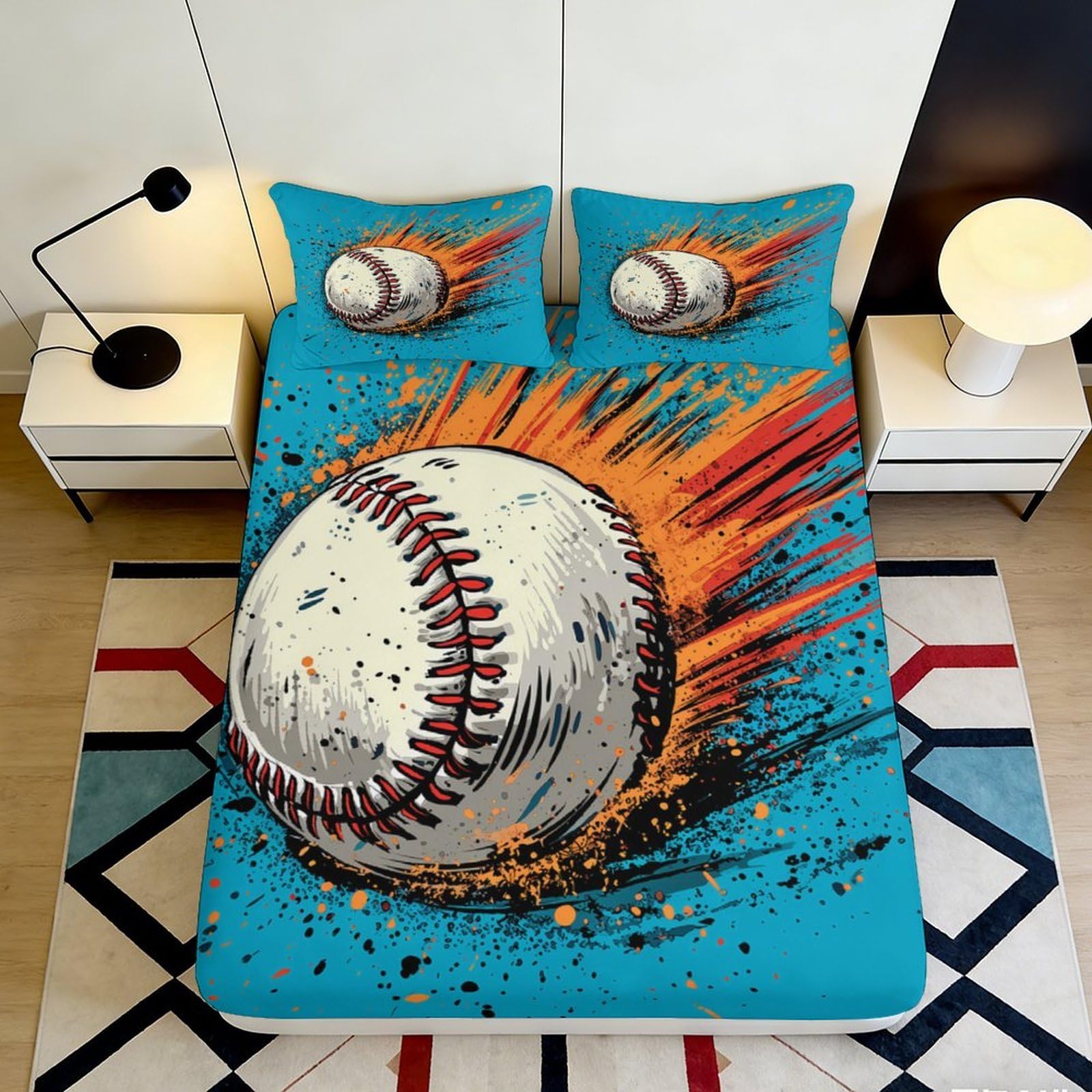 3D Printed Baseball Splash Fitted Sheet Microfiber Vibrant Blue Orange Bed Cover for Bedroom Guest Room Mattress Protection Decor 180x200x25cm