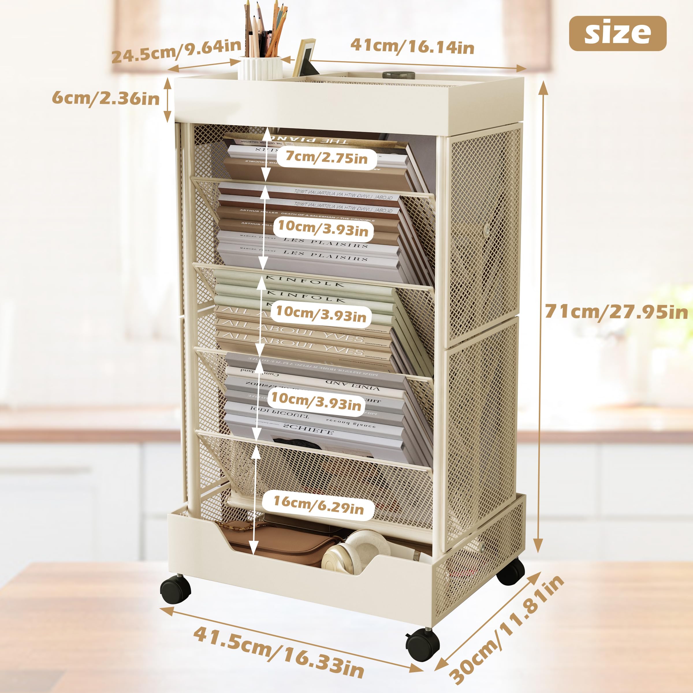 8 Tier Rolling Bookshelf Cart With Wheels, Mobile Book Storage Cart With 2 Sides Access Bookcase For Narrow Space, Rolling File Organizers And Storage For Home Office Living Room Classroom School - View #9