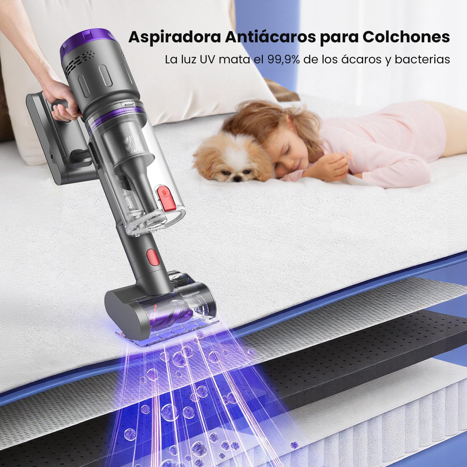 Aspiradora Sin Cable 58kPa/600W/75Min, Escoba Aspiradora sin Cable con Brazo Flexible, Manguera de 1m, Aspiradora Antiácaros para Colchones, Ideal para Suelos, Alfombras y Pelo de Mascotas