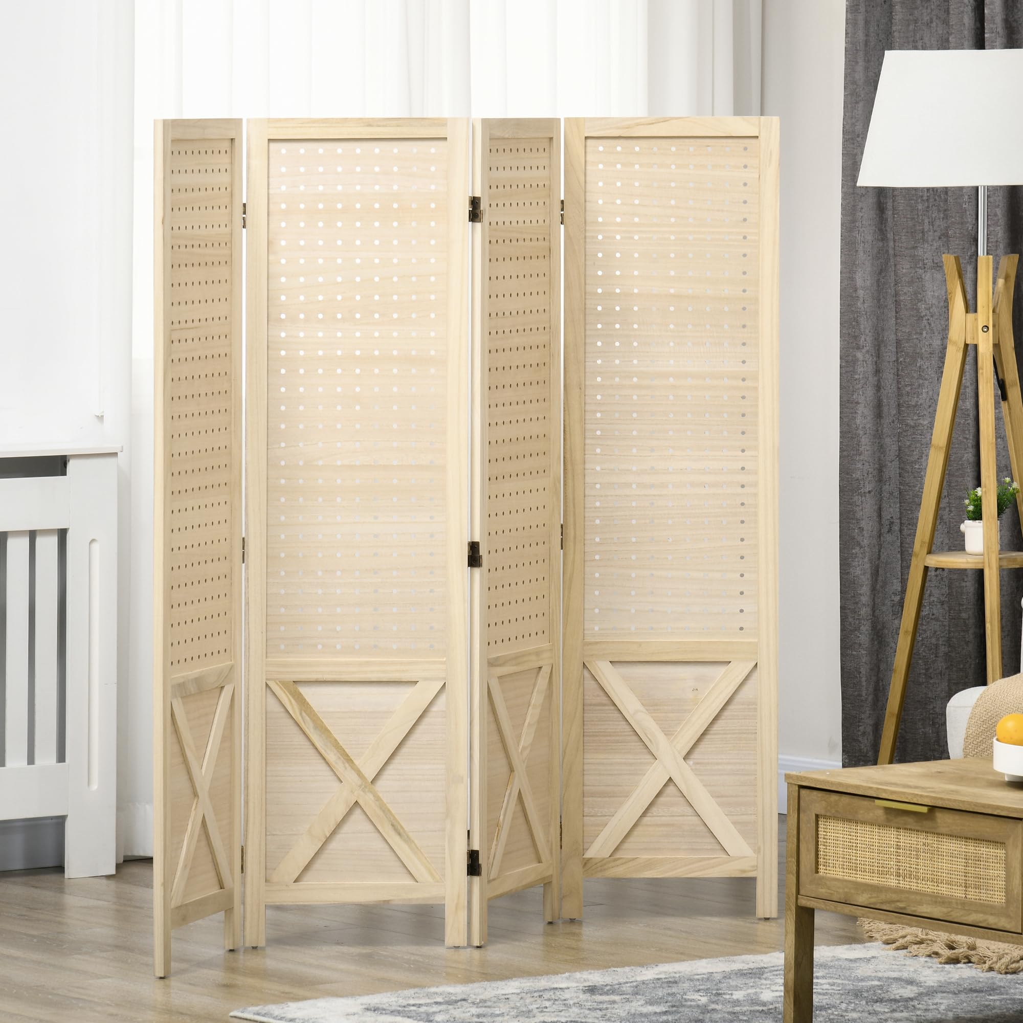 HOMCOM Paravent Intérieur en Bois 4 Panneaux 152 x 144,5 cm Bois Naturel | Panneau Perforé, Séparateur de Pièce Pliable, pour Salon, Chambre à Coucher, Maison