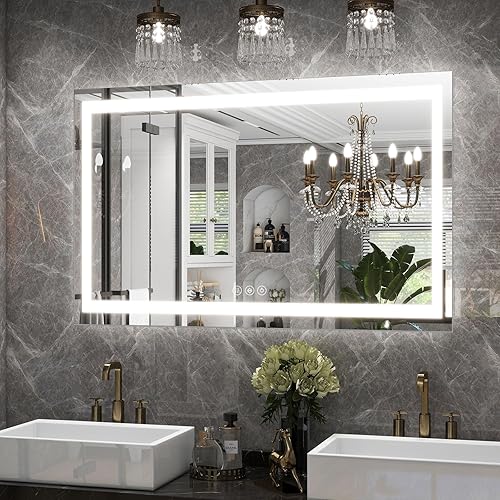 Vista 23 de Espejo de baño LED, 32 x 48 pulgadas, marco blanco degradado frontal y retroiluminado, antiniebla, regulable, espejo iluminado horizontal/vertical