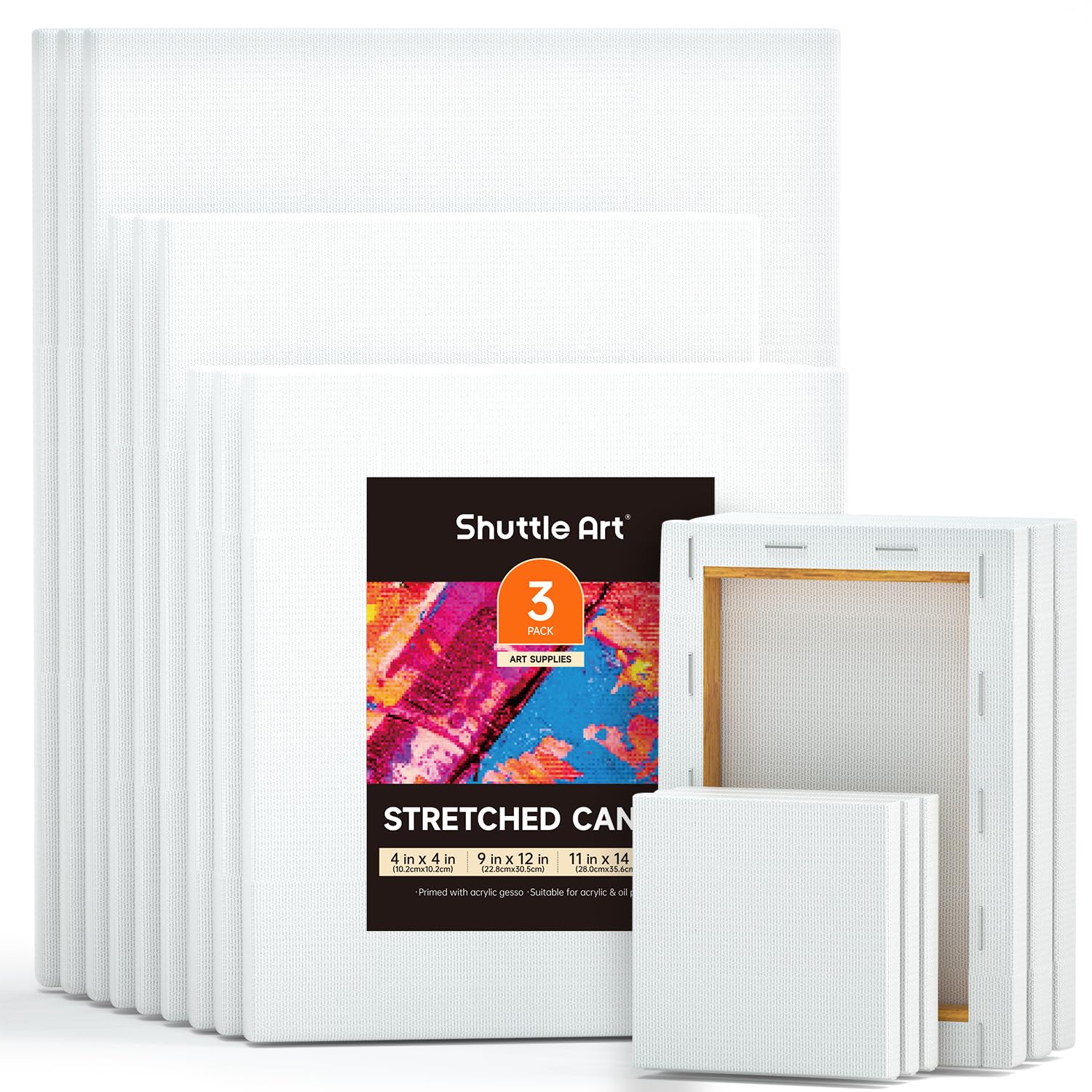 Shuttle Art Stretched Canvas, 15 Multi Pack, 4x4, 5 x 7, 8 x 10, 9x12, 11 x 14 Inches (3 of Each), 100% Cotton, Primed White Painting Canvas, Art Canvases for Acrylic, Oil, Acrylic Pouring Painting