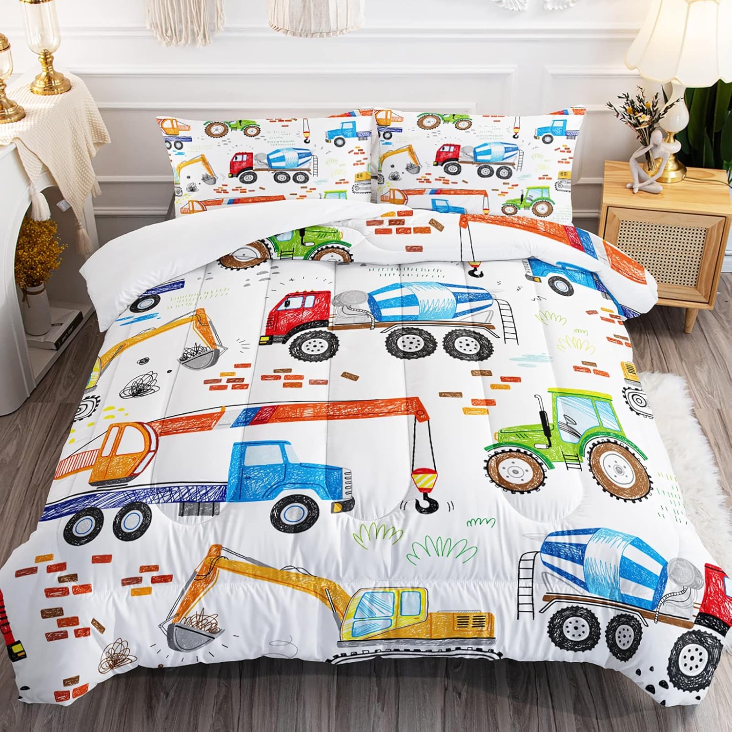 BailiPromise Boys Construction Comforter Set Machinery Truck Bedding Set for Kids