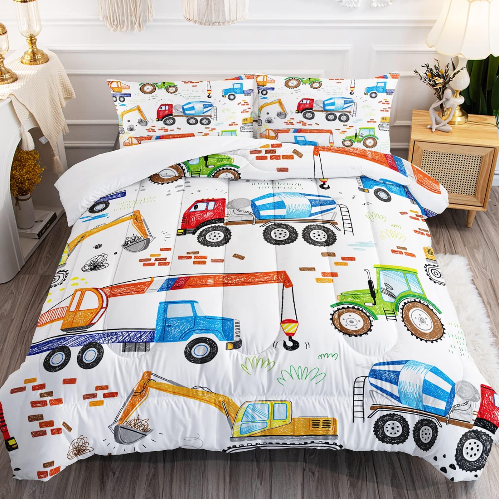 Boys Construction Comforter Set Machinery Truck Bedding Set for Kids Teens Engineering Vehicle Down Comforter Hand Drawn Car Excavator Quilt Tractor Duvet 3 Piece Full Size