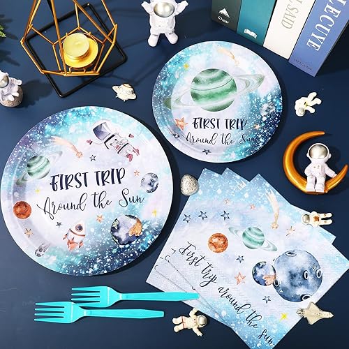 Miniatura 5 de Whaline Juego de vajilla de 100 piezas para el primer viaje alrededor del sol, juego de vajilla temática del espacio exterior, adecuado para