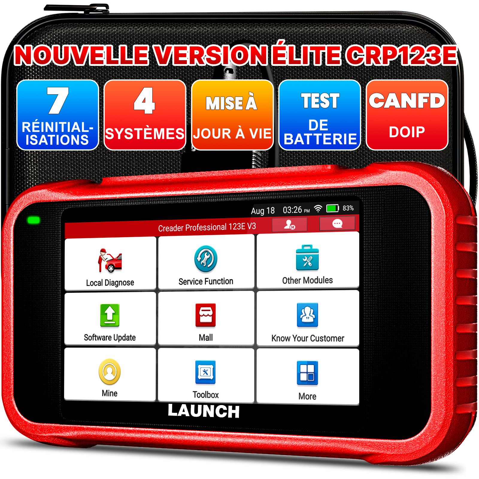 LAUNCH CRP123E V3.0 OBD2 Valise Diagnostic Auto français avec 4 Systèmes Moteur ABS SRS Transmission, 7 Reset Oil SAS EPB DPF Purge ABS BMS Accélérateur, Diagnostic Voiture, Can FD DOIP, MàJ WiFi