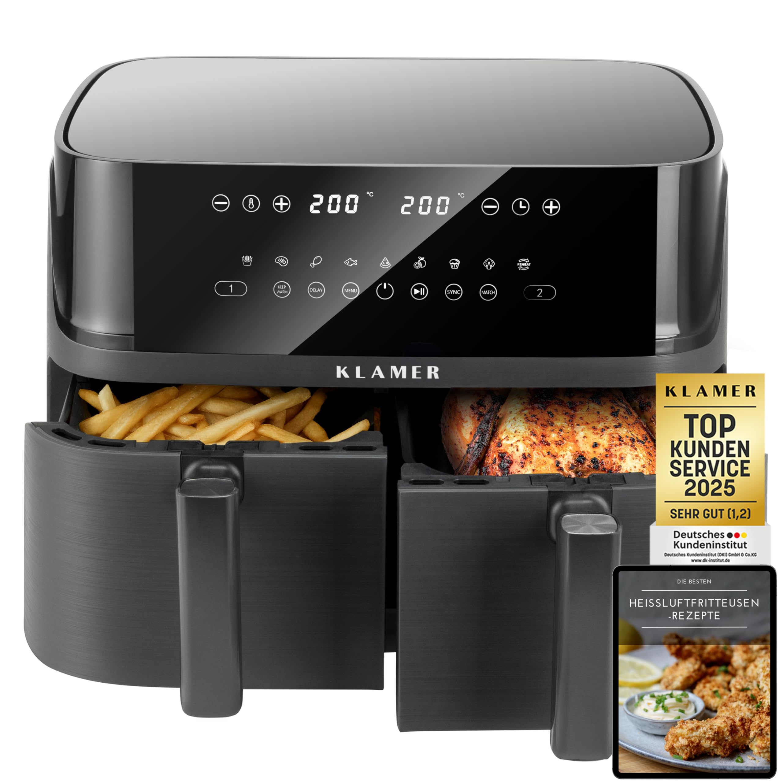 KLAMER Heißluftfritteuse Duo 9 L mit Doppelkorb und Sync-Funktion, 3000 W | Airfryer mit 9 Automatikprogrammen und separater Temperaturwahl von 60 bis 200 °C. Warmhaltefunktion und Shake-Erinnerung