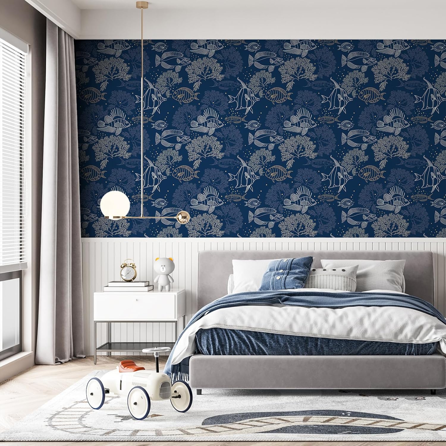 VaryStyle Navy Blue Ocean Peel and Stick Wallpaper Under The Sea Coral Fish Wallpaper for Kitchen Nursery 17.7"x393" Removable Waterproof Decorative Coastal Contact Paper for Drawers Kitchen Nursery