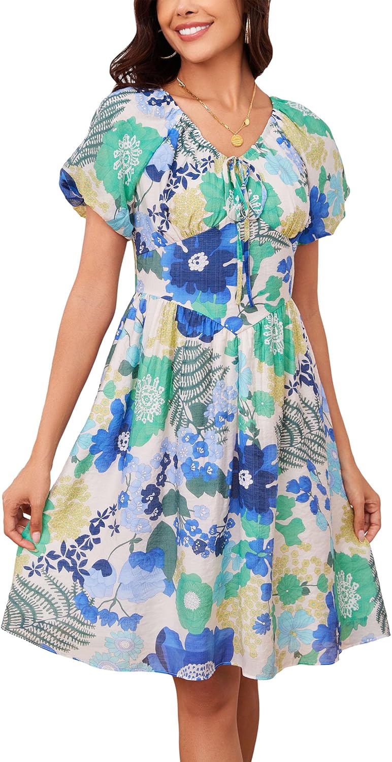 Kormei Women's Floral Print V Neck Dress Short Puff Sleeve Zipper A line Flare Short Dress