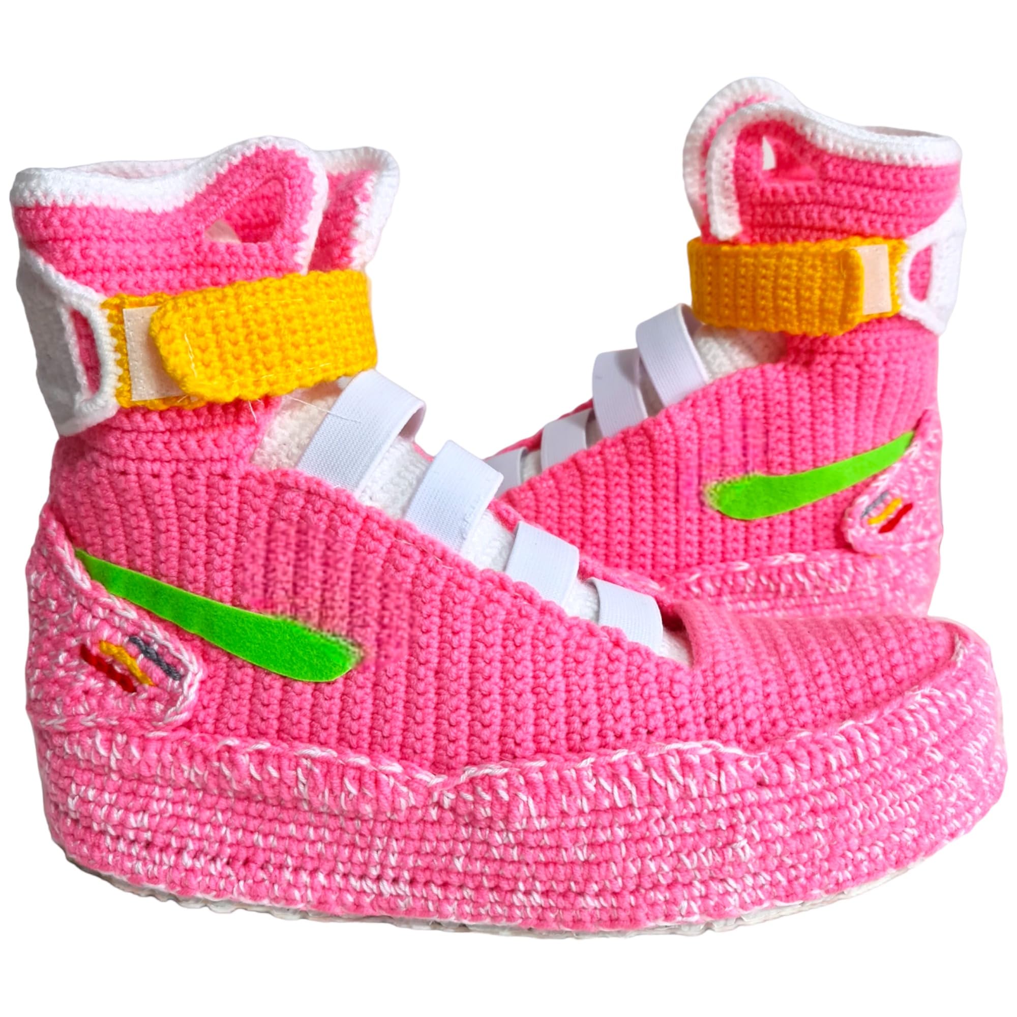 Handmade Back to the Future Crochet Air Mag Pink Slippers Marty McFly Style Retro Knit Sneakers Cozy Futuristic