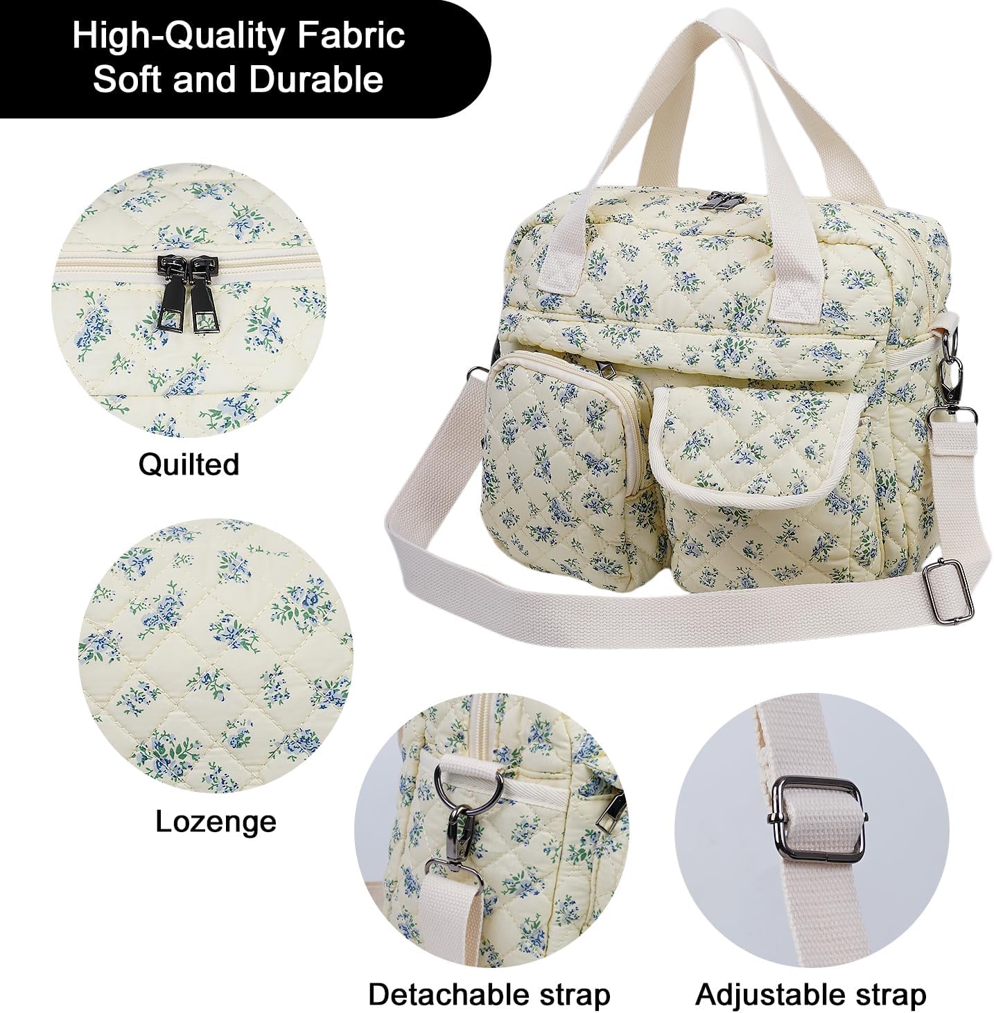 2 PCS/Set Small Cute Floral Quilted Tote Bag with Multi-Pockets for Women, Crossbody Shoulder Everyday Handbags - Image 5