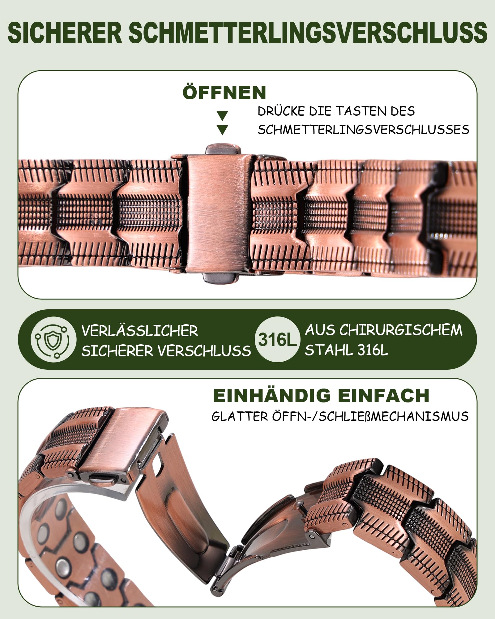 MagEnergy Kupferarmband für Männer, 99,99% reines Kupfer, doppelt starke Magnete, Magnetarmband mit Schmetterlingsverschluss, längenverstellbar inkl. Größenanpassungswerkzeug (Kupfer)